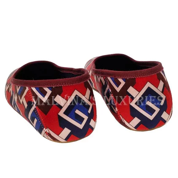 GUCCI SHOES GEOMETRIC G LOGO RED BLUE WHITE SATIN SLIPPER sz 39 9 US
